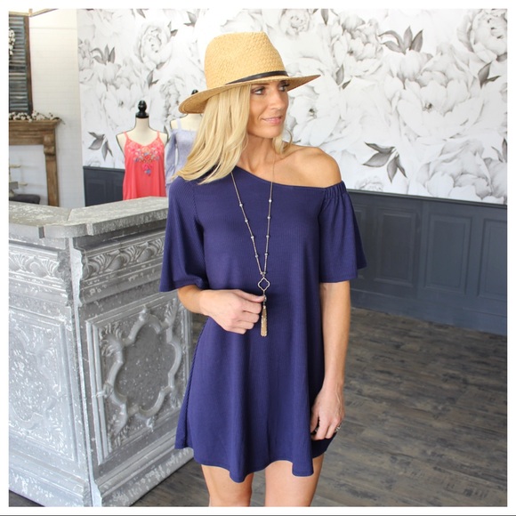 ✨RESTOCK✨Navy Off Shoulder Ribbed Knit Dress - Picture 2 of 3